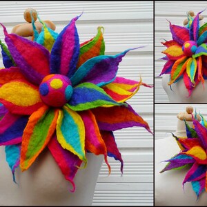 felted flower brooch, large flower brooch, corsage, handmade, felt flower, lagenlook, rainbow colors, felt flower, festival clothing image 3