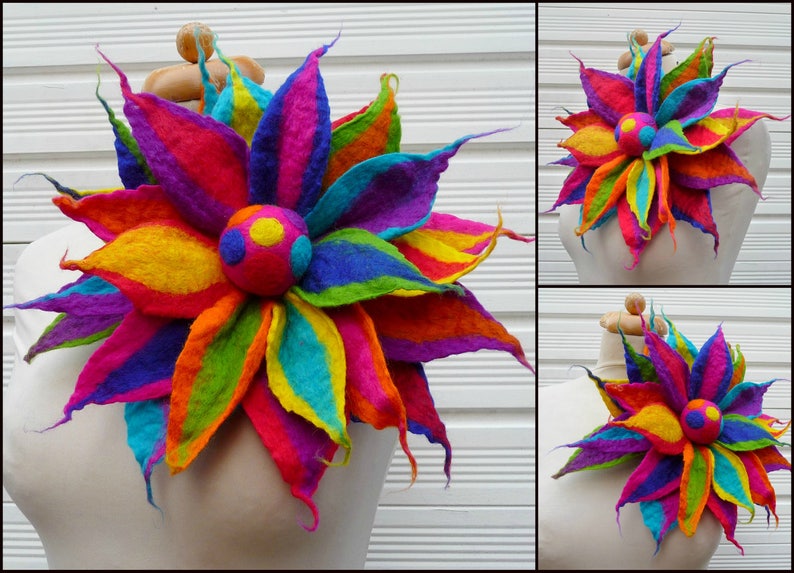 felted flower brooch, large flower brooch, corsage, handmade, felt flower, lagenlook, rainbow colors, felt flower, festival clothing image 3