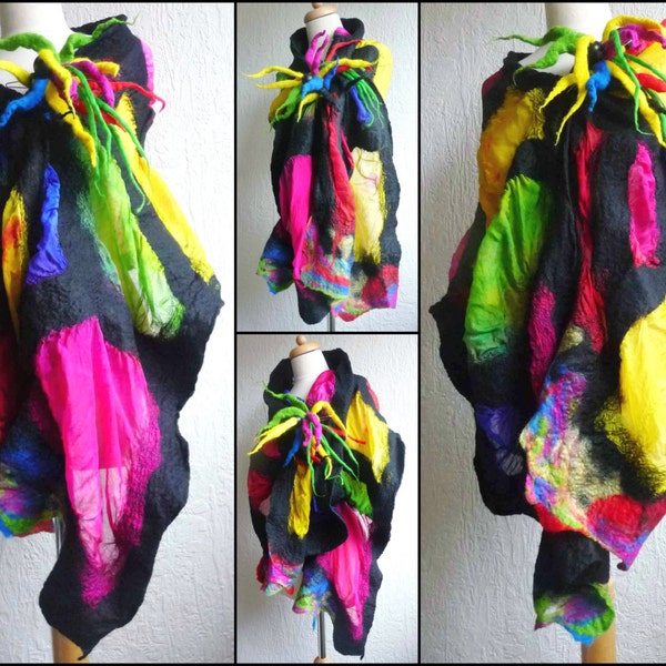nuno felted scarf, wrap, handmade, silk, felted wool , art to wear, MADE TO ORDER, tiffany style,blue, multi colour