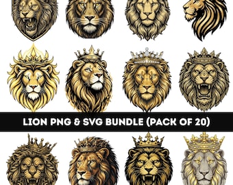 Lion Clipart PNG Bundle | Roaring Lion Head SVG, Animal Mascot, Watercolor Lion, Sublimation Design, Cricut Files, Instant Download