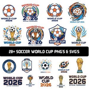 Collection of 20+ soccer World Cup–themed PNG and SVG designs featuring soccer balls, trophy illustrations, badges, emblems, and dynamic football graphics with ‘World Cup 2026’ text, shown in blue and orange color palette for digital crafting.