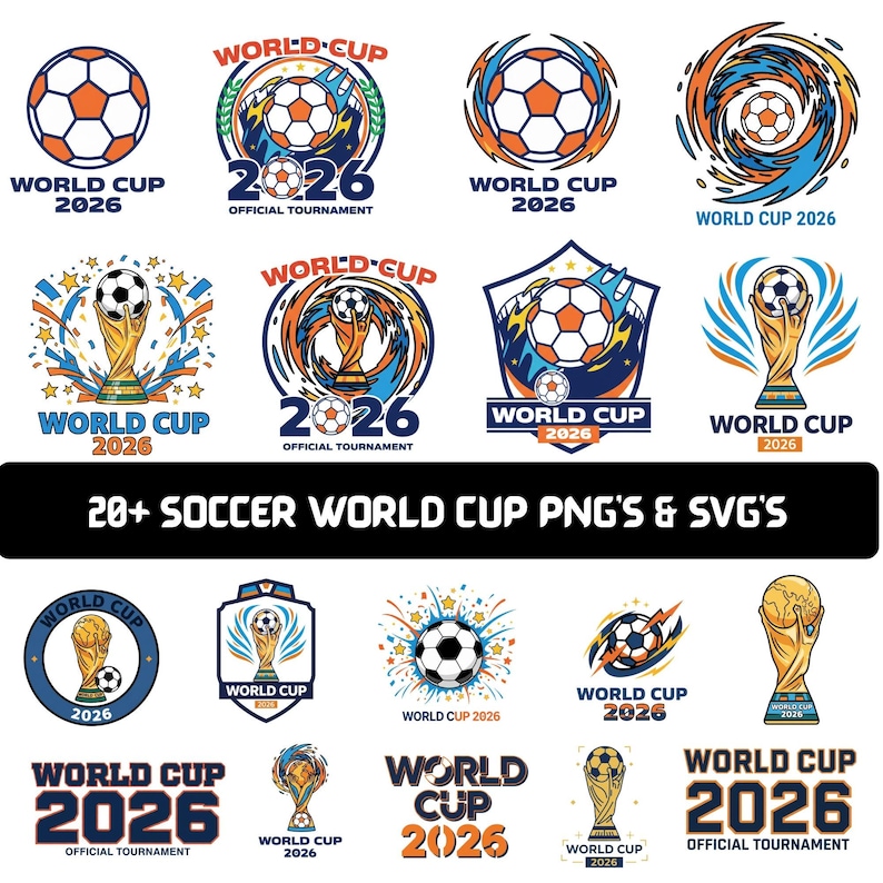 Collection of 20+ soccer World Cup–themed PNG and SVG designs featuring soccer balls, trophy illustrations, badges, emblems, and dynamic football graphics with ‘World Cup 2026’ text, shown in blue and orange color palette for digital crafting.