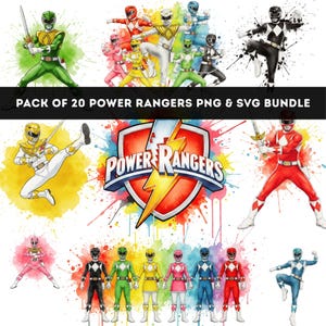Puede incluir: Un paquete de arte digital con varios personajes de Power Rangers en poses de acción. La imagen incluye el logotipo de Power Rangers y el texto "PACK OF 20 POWER RANGERS PNG & SVG BUNDLE". Los personajes están representados en colores vibrantes.