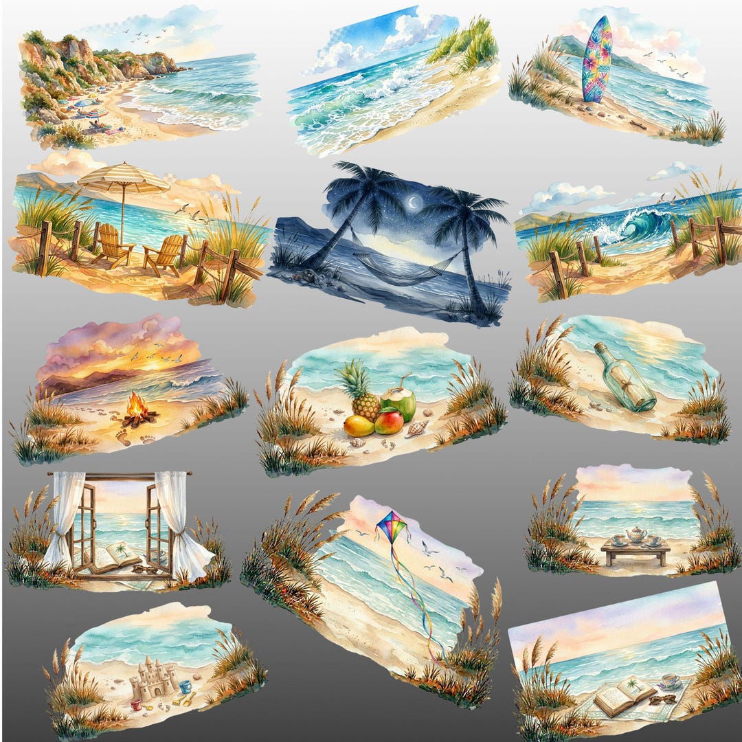 Beach Clipart Bundle PNG | Tropical Beach Scene, Ocean Clipart, Summer ...