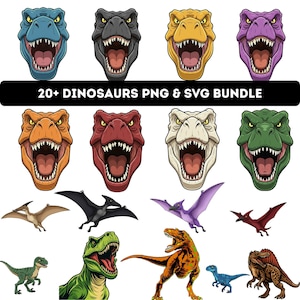 May include: A collection of cartoon dinosaur illustrations in various colors, including blue, gray, yellow, and purple. The image features dinosaur heads, pterodactyls, and other dinosaur species. Text on a black banner reads "20+ DINOSAURS PNG & SVG BUNDLE."