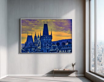 Old Town Prague Wall Art, Charles Bridge Print, Czech Republic Travel Gift, Blue Orange Decor, Night City Poster, Digital Architecture Print