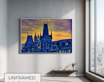 Prague Night Cityscape Giclée Print, Dark Academia Decor, Charles Bridge Poster, Moody European Architecture, Old Town Prague Wall Art