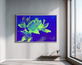 Neon Floral Print | Lime Green & Blue Cyberpunk Flower Art | Modern Living Room Decor | Electric Botanical Poster | Digital Download