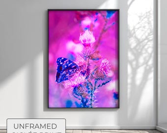 Neon Butterfly Print, Vibrant Magenta Nature Wall Art, Trippy Summer Decor, Modern Psychedelic Photography, Electric Thistle Statement Piece