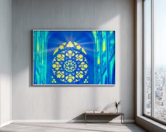 Neon Gothic Rose Window Print, Vibrant Stained Glass Art, Maximalist Eclectic Decor, Electric Blue Cathedral Wall Art, Digital Download