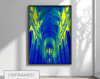 Gothic Cathedral Giclée Art Print, Yellow Blue Sacred Geometry, Stained Glass Style Poster, Modern Gothic Decor, Large Scale Wall Art
