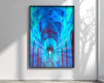 Gothic Cathedral Art, Neon Blue Red Sanctuary Print, Dark Academia Decor, Surreal Architecture Poster, Modern Gothic Church Digital Download