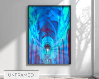 Impresión artística Giclée de catedral gótica, santuario azul neón, decoración Dark Academia, póster de arquitectura surrealista, iglesia gótica moderna