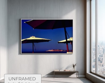 Minimalist Beach Umbrella Print, Color Block Wall Art, Italian Riviera Poster Blue and Yellow Modern Art, Summer Coastal Decor, Giclée Print