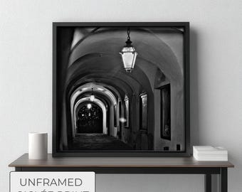 Atmospheric Passage, Black and White European Architecture Art, Old World Arcade Print, Minimalist Corridor Wall Art, Dark Academia Decor