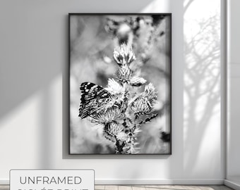 Black and White Butterfly Art Print, Minimalist Nature Wall Art, Monochrome Thistle Photography, High Contrast, Modern Gallery Decor