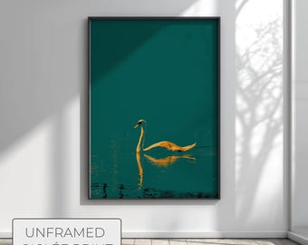 Teal Wall Art, Amber Accent Decor, Stylized Swan Print, Modern Color Study, Minimalist Bird Art, Dark Teal Decor