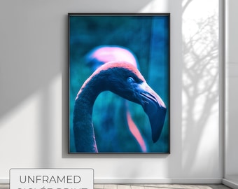 Neon Flamingo Art Print, Electric Blue Decor, Surreal Photography, Pink Bird Wall Art, Cyberpunk Aesthetic, Modern Vibrant Home Decor
