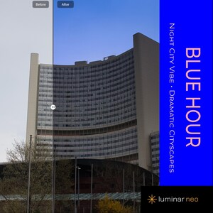 Blue Hour Luminar Neo Preset | Cinematic Night Photography Filter | Moody Cityscape & Cyberpunk Vibe Desktop Template