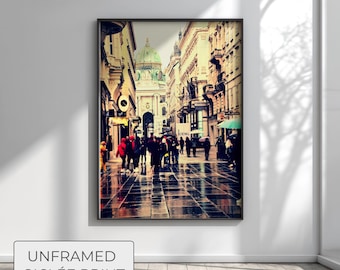 Rainy City Street Photography Print, Vienna Wall Art, Dark Academia Decor, Teal and Gold Home Decor, Cinematic Urban Travel Wall Art