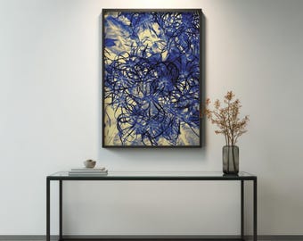 Indigocore Neural Network Art, Blue Cyanotype Style Giclée Print, Dark Botanical Abstract, Organic Shapes Modern Wall Art, Large Poster