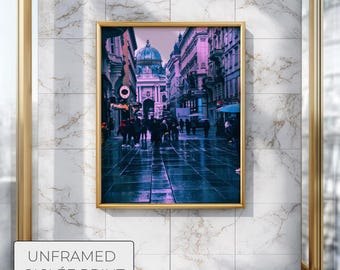 Urban Cityscape Wall Art, Cinematic Night Street Photography Print, Magenta Teal Color Palette, Large Giclée Print for Modern Interior Decor