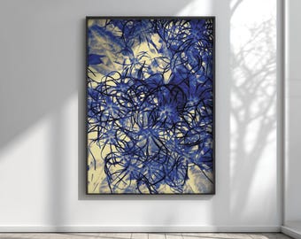 Organic Shapes Wall Art, Inverted Nature Print, Blue Dark Botanical Poster, Neural Network Aesthetic, Digital Download Clematis Art
