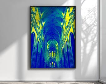 Gothic Cathedral Wall Art, Abstract Architecture Print, Sacred Geometry Poster, Blue Yellow Modern Decor, Medieval Church Digital Download