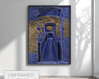 Indigo Corridor Architecture Print, Color Interpretation Art, Graphic Architecture Poster, Modern Color Study, Amber Accent Artwork