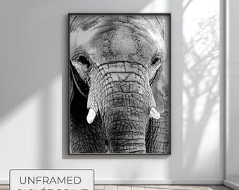 Elephant Wall Art, Boho Safari Decor, Nursery Animal Portrait, Large Black and White Print, Modern Office Wall Art, African Wildlife Poster