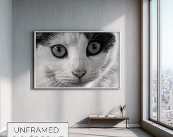 Black and White Cat Portrait Poster, Minimalist Animal Macro Photography, Large Unframed Art Print, Modern Fine Art Giclee