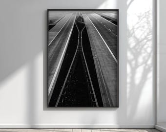 Office Wall Decor - Vertical Wall Art - Minimal Black White - Modern Hallway - Industrial Chic Architecture - Symmetry Art Vanishing Point