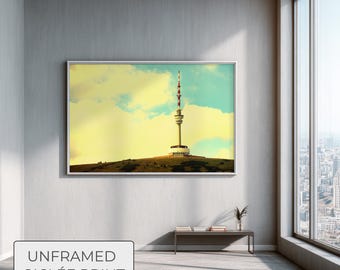 Retro Future Tower Wall Art, Acid Yellow Landscape Print, Jeseníky Mountains, Brutalist Architecture Poster, Psychedelic Nature Photography