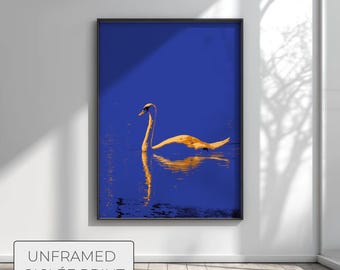 Modern Chinoiserie Swan Wall Art, Indigo Blue and Gold Foil Look Print, Luxury Navy Bird Poster, Elegant Office Decor