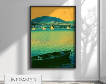 Risograph Print, Industrial Bridge Wall Art, Teal and Mustard Decor, Modern Graphic Landscape, Lakeside Poster, Giclée Print