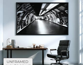 Urban Underground - Moody Wall Art, Cinematic Street Photography, Industrial Decor, Large Black and White Tunnel Print, Subway Perspective