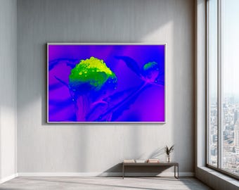 Neon Botanical Wall Art, Cyberpunk Flower Bud Print, Dew Drops, Vibrant Purple and Lime Decor, Modern Maximalist Floral, Digital Download