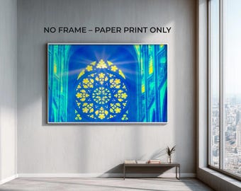 Rosetón de catedral con geometría sagrada, impresión artística giclée en amarillo y azul, decoración dopaminérgica, ecléctico maximalista, arte mural de catedral en azul eléctrico.