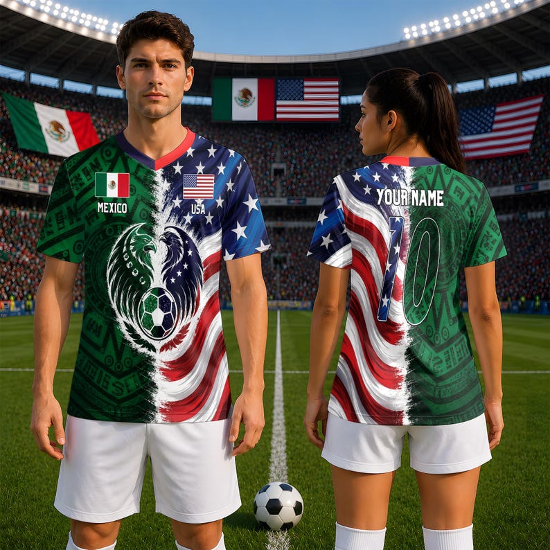 Puede incluir: Una camiseta de f&uacute;tbol con dise&ntilde;o dividido, con un patr&oacute;n de bandera mexicana verde en un lado y un patr&oacute;n de bandera estadounidense azul y roja en el otro. El frente muestra un bal&oacute;n de f&uacute;tbol central con alas de &aacute;guila, y la parte posterior muestra el texto YOUR NAME y el n&uacute;mero 10.