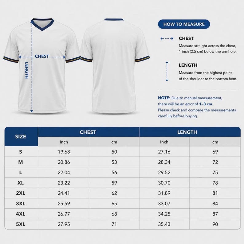 Puede incluir: Una camiseta blanca con cuello en V mostrada de frente y de espaldas, acompa&ntilde;ada de una tabla de tallas e instrucciones. La tabla enumera tallas de S a 5XL con medidas de pecho y largo en pulgadas y cent&iacute;metros, indicando un margen de error.