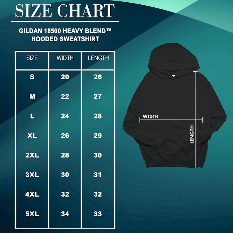 May include: A black hooded sweatshirt with a size chart. The chart displays measurements for width and length in inches for sizes S to 5XL. The text "GILDAN 18500 HEAVY BLEND HOODED SWEATSHIRT" is at the top.