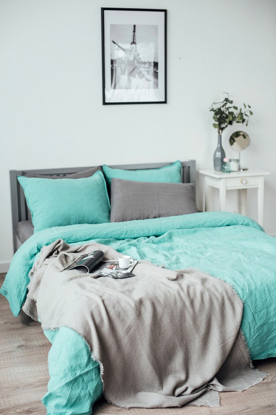 Teal Tiffany 100 Flax Linen Duvet Cover Shams Seamless Etsy