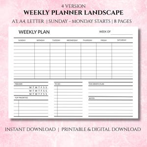 May include: A white weekly planner landscape design with black text. The planner includes sections for each day of the week, a tracker, to-do list, and notes. Text at the top reads "WEEKLY PLANNER LANDSCAPE".
