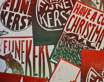 5 of 10 stuks Handgemaakte Kerstkaarten, Mix | rood groen - fijne kerst, have a cozy christmas - katten, kerstballen
