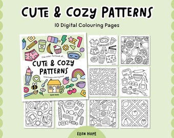 Puede incluir: Un conjunto de páginas para colorear digitales titulado "Cute & Cozy Patterns". La portada presenta ilustraciones coloridas, mientras que las otras páginas muestran patrones y dibujos en blanco y negro. El texto dice "10 Digital Colouring Pages."