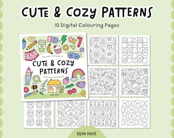 Puede incluir: Un conjunto de páginas para colorear digitales titulado "Cute & Cozy Patterns". La portada presenta ilustraciones coloridas de varios objetos, incluyendo comida y un arcoíris. El conjunto incluye 10 páginas para colorear digitales con diferentes patrones.