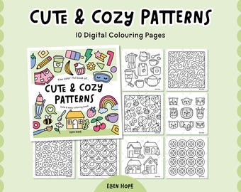 Puede incluir: Una colección de 10 páginas para colorear digitales con el título "Cute & Cozy Patterns". La portada presenta ilustraciones coloridas de varios objetos, incluyendo comida, un arcoíris y una casa. Las páginas contienen diseños de líneas.