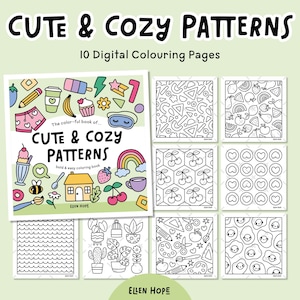 Puede incluir: Un conjunto de páginas para colorear digitales titulado "Cute & Cozy Patterns". La portada presenta ilustraciones coloridas de varios objetos, incluyendo comida, un arcoíris y una casa. El conjunto incluye 10 páginas para colorear con diferentes patrones.