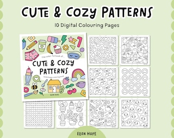 Puede incluir: Un conjunto de páginas para colorear digitales titulado "Cute & Cozy Patterns". La portada presenta ilustraciones coloridas de varios objetos, incluyendo comida, un arcoíris y una casa. El conjunto incluye 10 páginas para colorear con diferentes patrones.