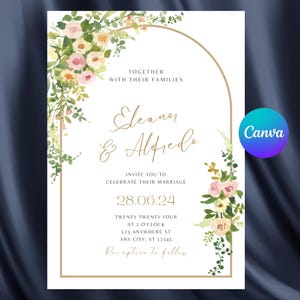 May include: Elegant wedding invitation featuring floral watercolor accents in pink, cream, and green. The invitation includes the names "Eleanor & Alfredo", date, time, and location details. The Canva logo is visible.